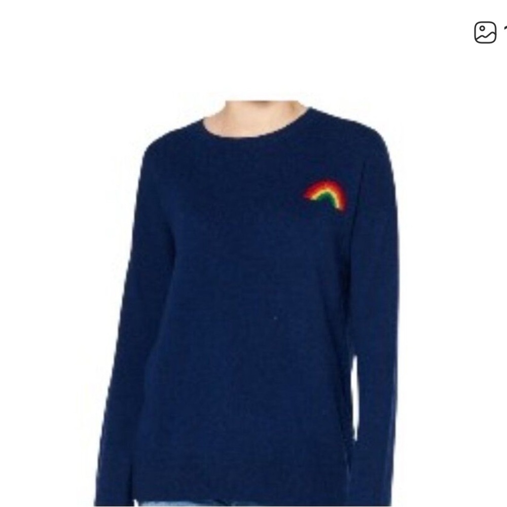 KIER + J Deep Blue Sweater with Vibrant Rainbow Detail